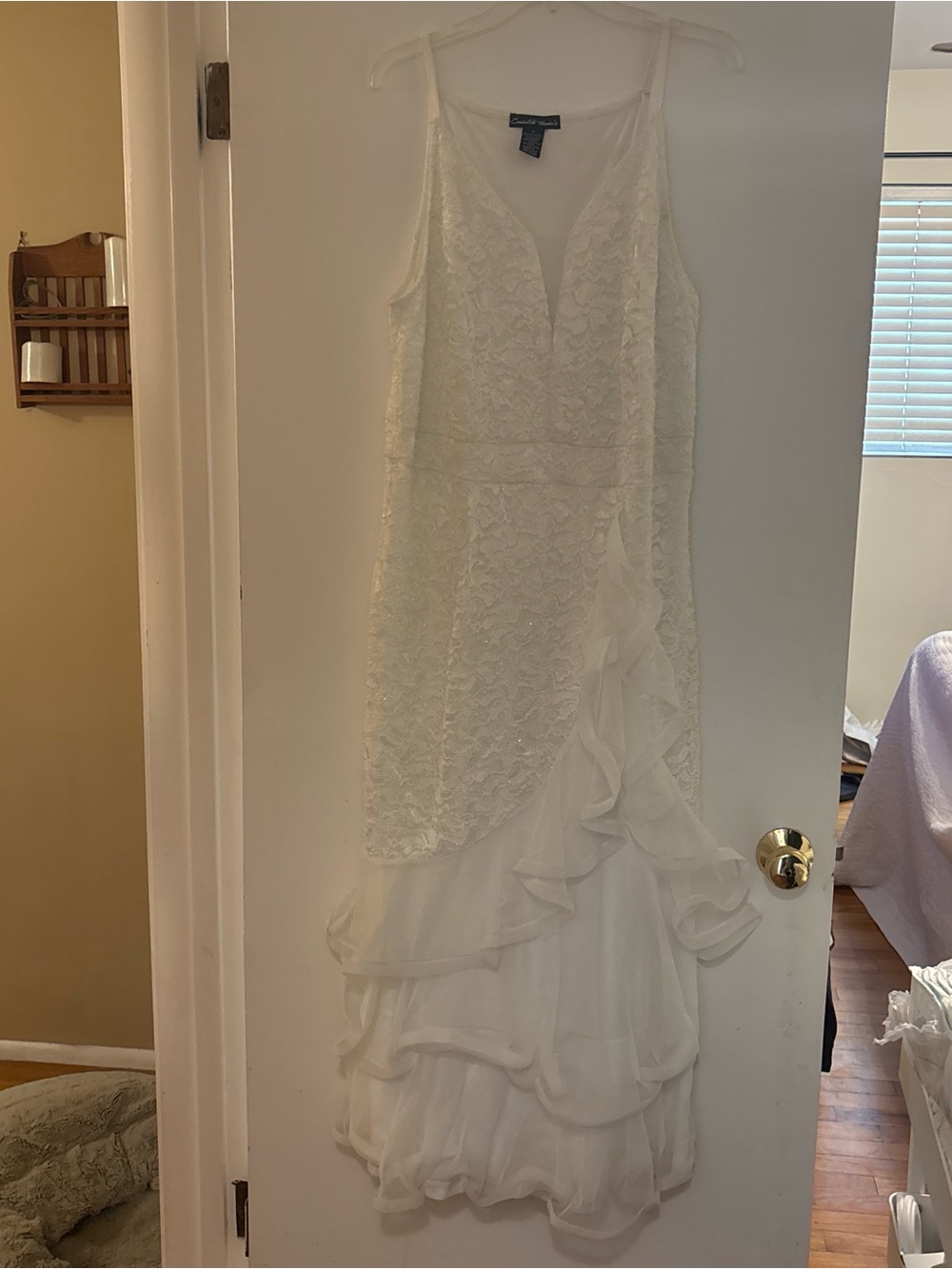 White Lace & Chiffon Ruffle Sparkly V-Neck Dress